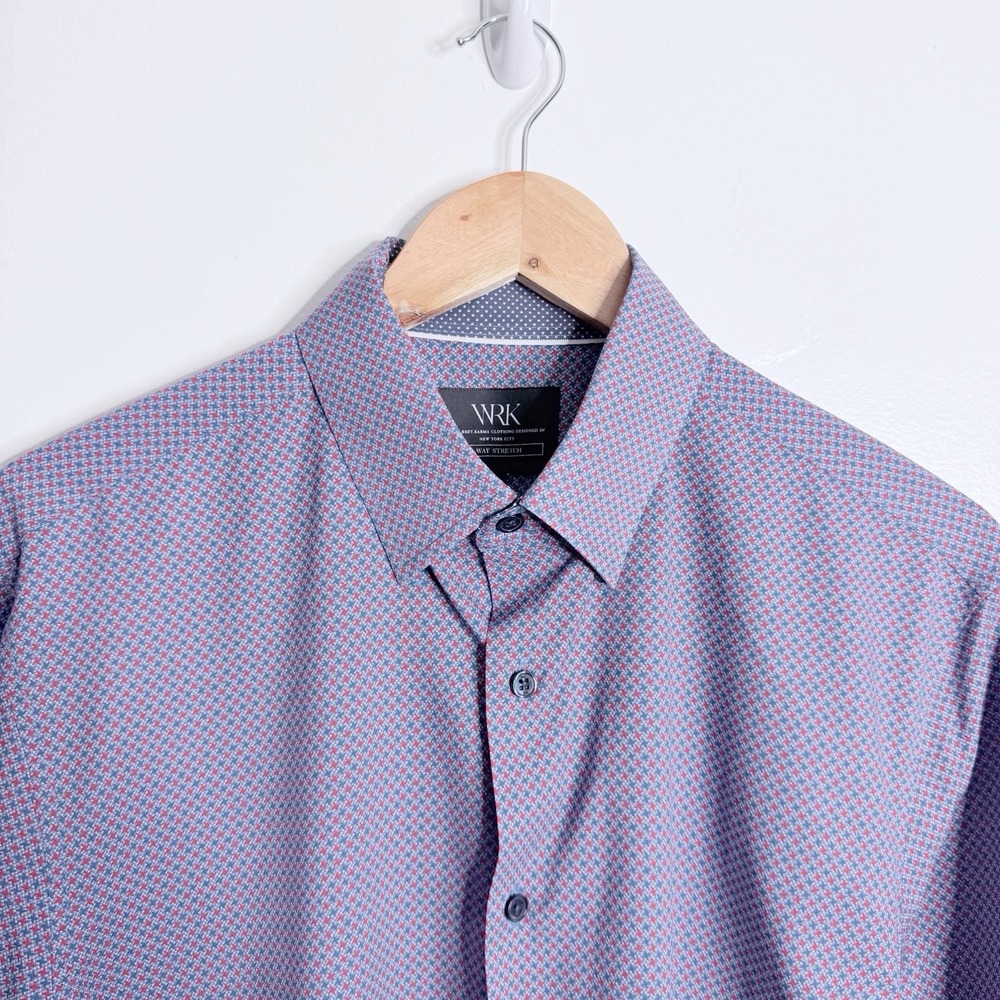 NWOT WRK Red‎ Blue Print Dress Shirt Long Sleeves Regular Fit Large (16) Stretch